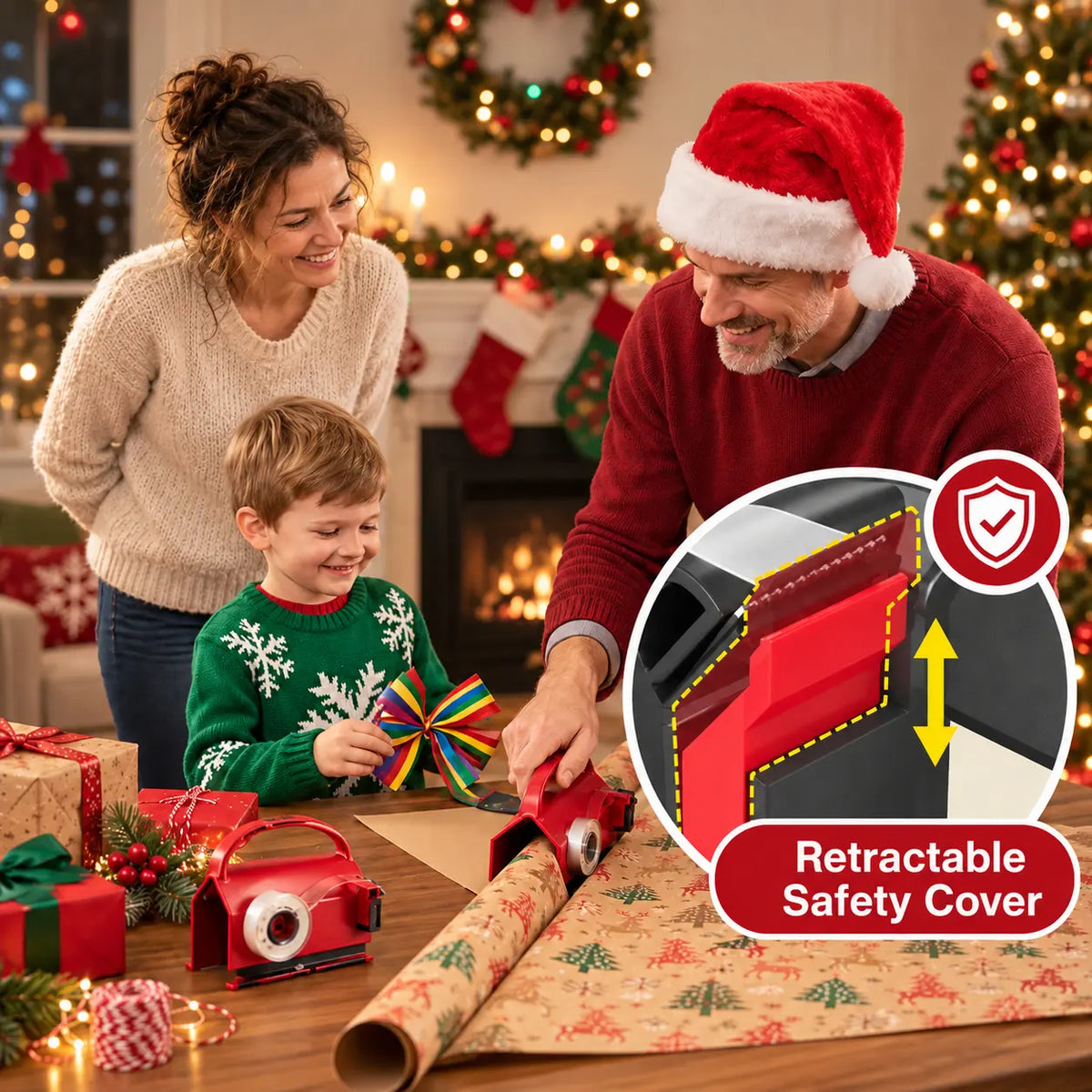 Cortador de papel de regalo y dispensador de cinta adhesiva 2 en 1